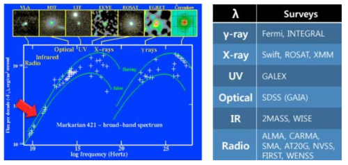 MASK 표본의 다파장 데이터베이스 구축. (좌) Mrk 421의 다파장 관측데이터로부터 얻어진 SED 예시. (우) MASK 다파장 데이터베이스 구축에 사용된 각 파장대역의 서베이 목록