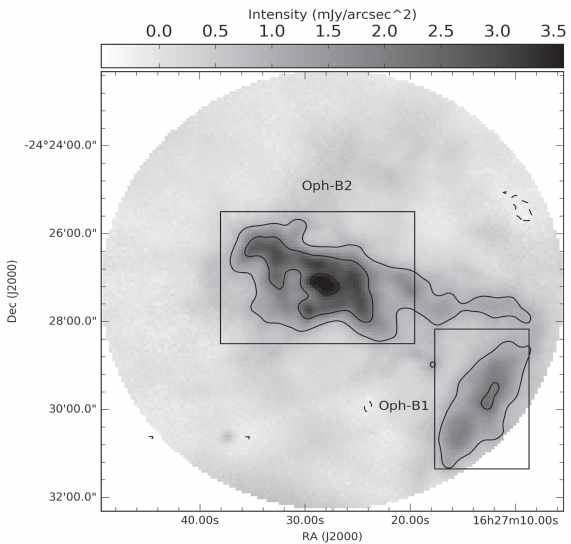 Oph B의 JCMT 연속선 관측 영상. Oph B1과 Oph B2 두 개의 분자운으로 구성되어 있음을 알 수 있다