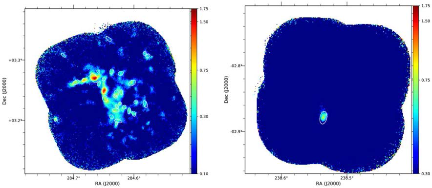 SCOPE 서베이 샘플 이미지. (왼편) PGCC_G36.62-0.11. 복잡한 필라멘트 구조를 보이며 30개의 compact sources가 발견됨. (오른편) PGCC_G6.04+36.77. 고은위에 위치한 PGCC로 1개의 compact source만 발견됨. 밝기 단위는 mJy/arcsec2 임