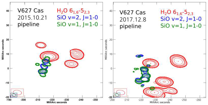 공생성 V627 Cas 주변의 22 GHz H2O 메이저(적색), 42(청색)/43(녹색) GHz SiO 메이저의 상대적인 공간분포 맵