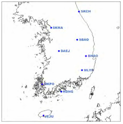 자료처리에 사용된 국내 GNSS 상시관측망 (KASINET)