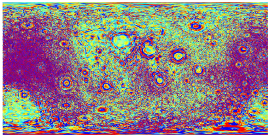 달 표면 부게 중력장의 수평성분의 구배 지도. 빨간색은 질량의 부족을 나타내며, 파랑색은 질량이 집중되어 있는 것을 보여준다. 월면 아래 존재하는 MASCON(mass concentration)이 잘 나타나며, 조화함수의 차수 범위를 조절해 만든 여러 장의 구배 지도로부터 구덩이가 있는 지역의 중력 변화를 찾아내는 방법을 적용해 분석을 수행한다