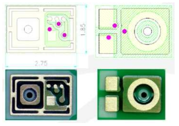 초소형(右) 일반급 음향패키지용 PCB 설계도(上) 및 사진(下)