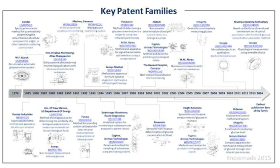 비침습 혈당 관련 주요 특허 기술 동향 (출처: Non-invasive Glucose monitoring, Patent Landscape, 2015 KnowMade)
