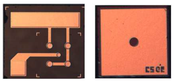플립칩 공정에 사용된 서브마운트(왼쪽)와 PD 칩(오른쪽)