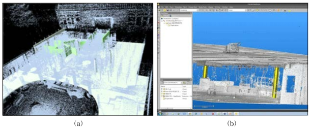(a) ASDMCon 프로젝트에서의 단층 건축물에 대한 3차원 설계 모델과 레이저 스캔 데이터간 자동 비교 및 시각화 (b) Trimble사의 Trimble RealWorks 프로그램에서의 단층 건축물에 대한 3차원 설계 모델과 레이저 스캔 데이터간 수동 비교 및 시각화 기능 (Geospatial Inc., 2019)
