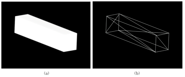 (a) 3차원 직육면체 모델, (b) (a)에 대한 폴리곤 메쉬