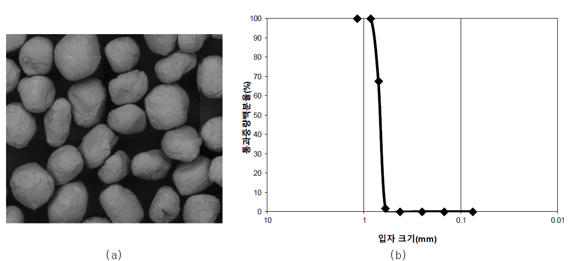 (a) 실험에 사용된 모래의 SEM 이미지와 (b) 입도분포곡선