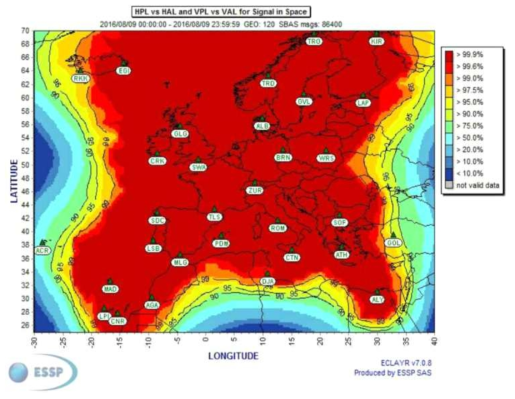 ESSP에서 제공하는 해당 날짜의 실제 EGNOS Availability Map