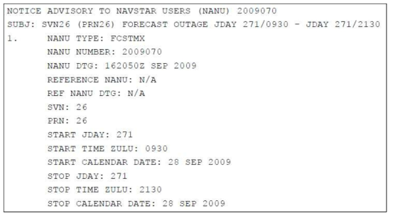 NANU Forecast Outage Example (Outage for PRN26 from 09:30 to 21:30 on 28th September 2009)