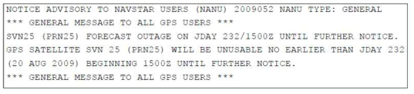 NANU General Outage Example (Outage for PRN25 from 15:00 on 20th August 2009)