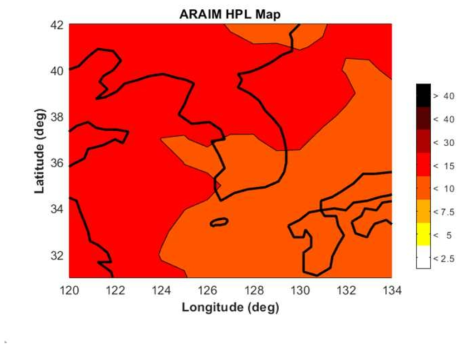 한반도 지역 ARAIM 가용성 성능 확인 (수평 보호수준 Map)