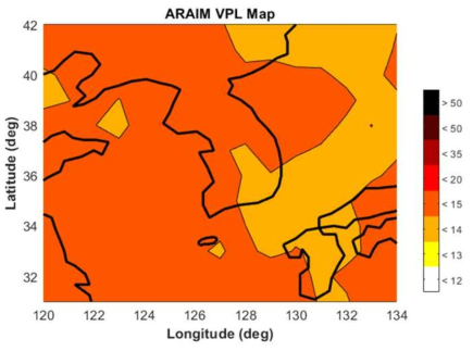 한반도 지역 ARAIM 가용성 성능 확인 (수직 보호수준 Map)