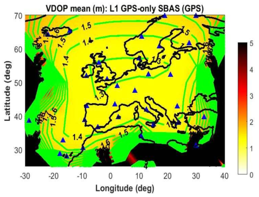 EGNOS 서비스 지역을 기준으로 한 VDOP contour (방송궤도력 결과)