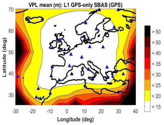 EGNOS 서비스 지역을 기준으로 한 VPL contour (방송궤도력 결과)