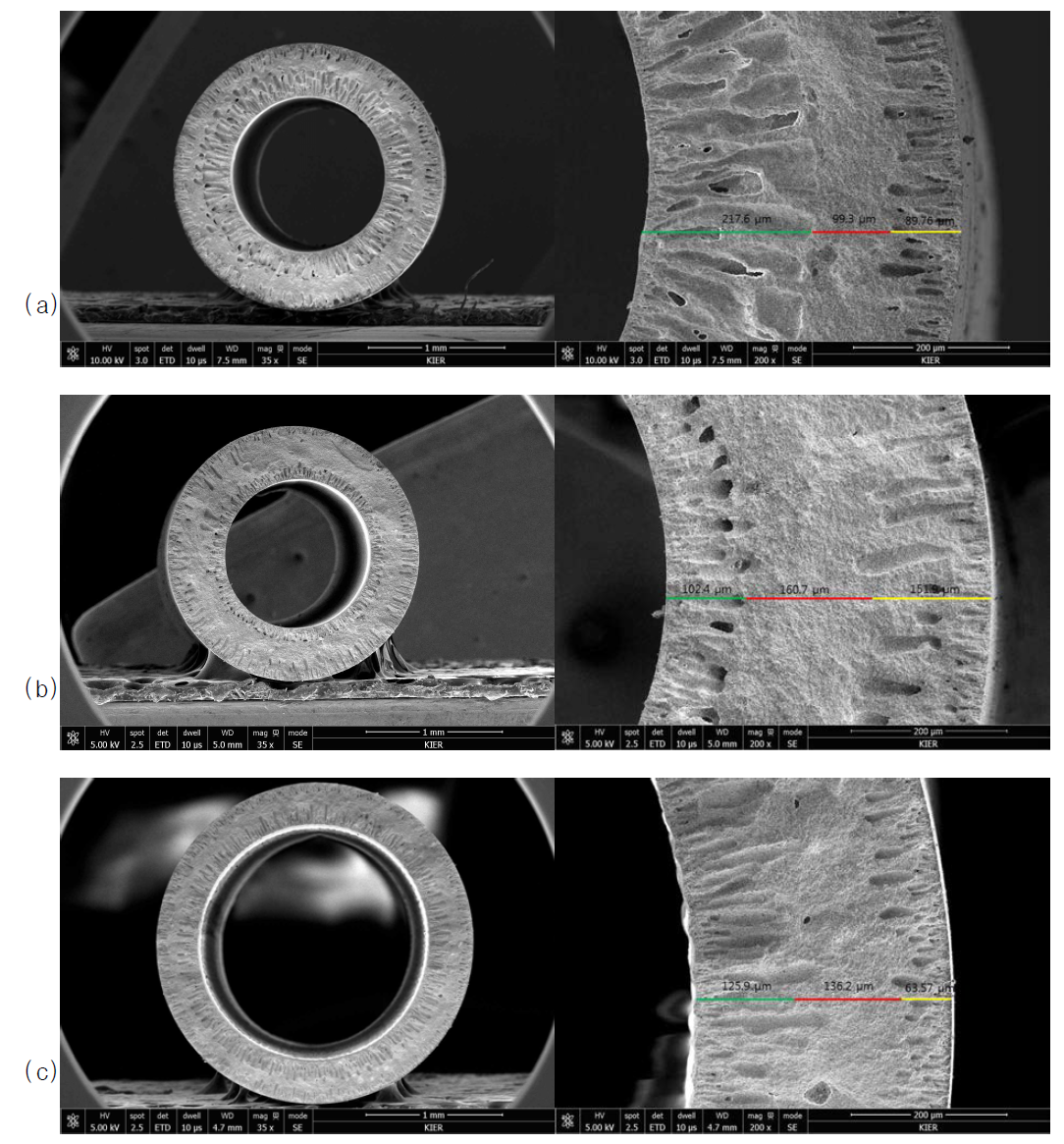 제조한 중공사의 SEM 분석 결과 (a) 내부응고제 10 ml/min, Air gap 10 cm (b) 내부응고제 5 ml/min, Air gap 0 cm (c) 내부응고제 10 ml/min, Air gap 0 cm