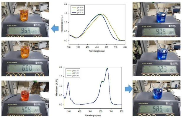 pH에 따른 MO, MB 수용액 UV-vis 결과