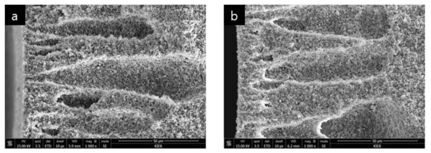 1회(좌), 3회(우) 코팅한 TiO2 코팅 중공사 단면 SEM 결과