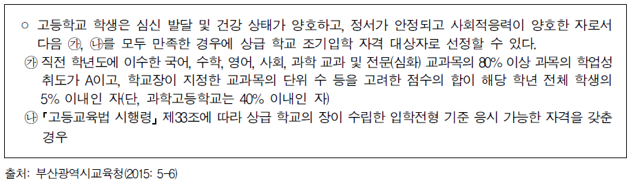 시·도교육청의 상급 학교 조기 입학 대상자 선정 기준