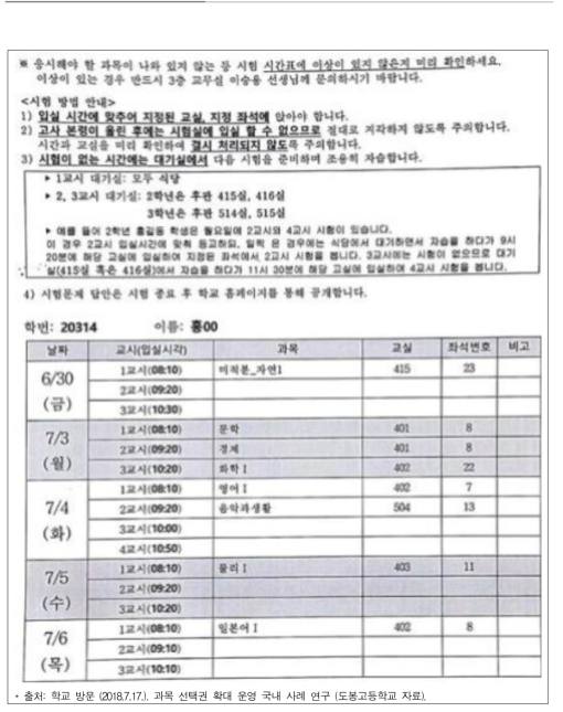 도봉고등학교 학생 개인별 정기고사 시간표 예시