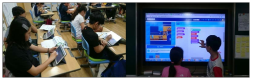 학생들의 태블릿 PC 사용과 스마트교실의 전자칠판 활용 예시