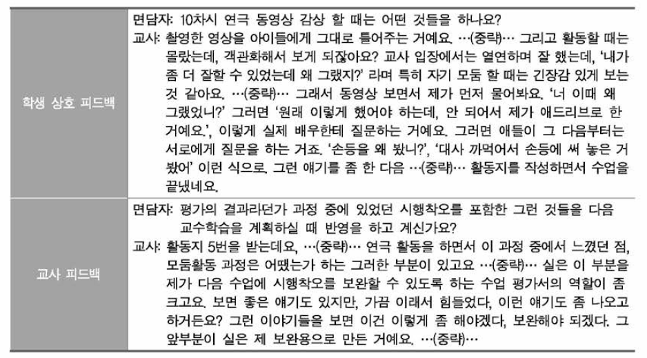 국어과 사례 1의 환류성과 관련한 면담 내용 부분 발췌