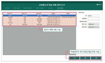 관리자 정보 및 관리자 관리 기능 관련 화면