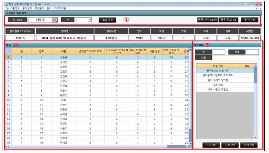 수행평가 결과 입력 화면