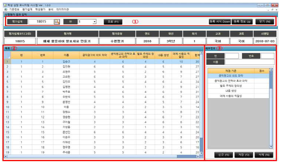 형성평가 결과 입력 화면