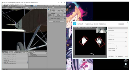 좌측 그림은 유니티 엔진의 실행 화면이고, 우측 그림은 키넥트 카메라로 인지한 관람자의 손을 블롭으로 표시한 화면이다. 좌측 그림에서 인스펙터 창에 나타난 스케일 값은 동작이 실행 후의 3차원 모델의 변화된 스케일 수치를 나타내고, 우측 그림 상단의 두 컨투어 간의 거리는 이동 이후에 변화된 두 컨투어 간의 픽셀 수를 수치화한 것이다