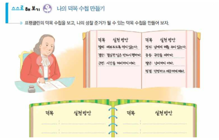 ‘도덕적 성찰’ 관련 사례 『중학교 도덕 ①』 A교과서 54쪽