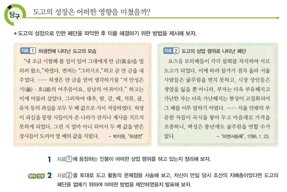 조선 후기 도고의 성장과 폐단에 대한 당시 지배층의 대응 방안 제안하기 『고등학교 한국사』 D교과서 166쪽