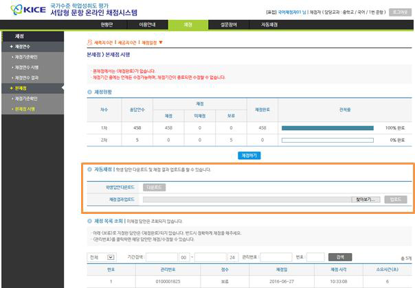 2016년 학업성취도 평가 온라인 채점 시스템과 연계된 자동채점 진행 화면