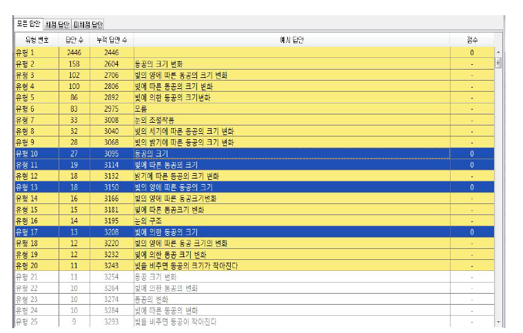 단순군집화 후 학생 답안 유형 예시 (자동채점 화면)