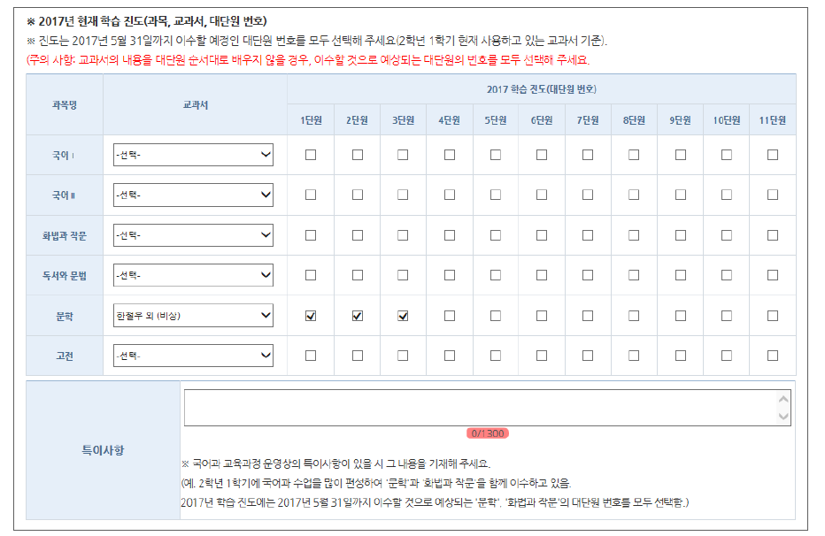 고등학교 국어과 학교 교육과정 운영 현황 조사 양식(일부)