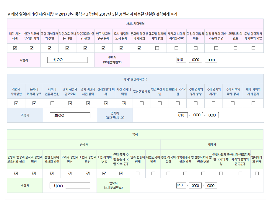 중학교 사회과 학교 교육과정 운영 현황 조사 양식