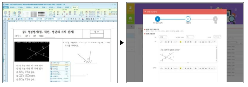 2017년 고도화된 문항 입력 화면: 아래한글에서 문항 복사(좌) 후 붙여넣기(우)