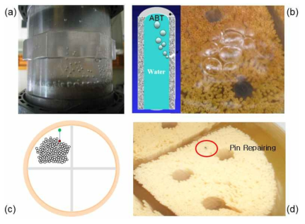 (a) PDT기법을 활용한 감압지점 파악, (b) ABT 테스트, (c) 핀보수장면, (d) 핀보수 결과
