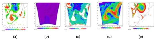 Analysis adjustments (ppmv) at 850 hPa, valid 0000 UTC on 9 June 2013, for: (a) ozone, (b) nitrogen-monoxide, (c) nitrogen-dioxide, (d) nitrogen-trioxide, and (e) sulphur-dioxide