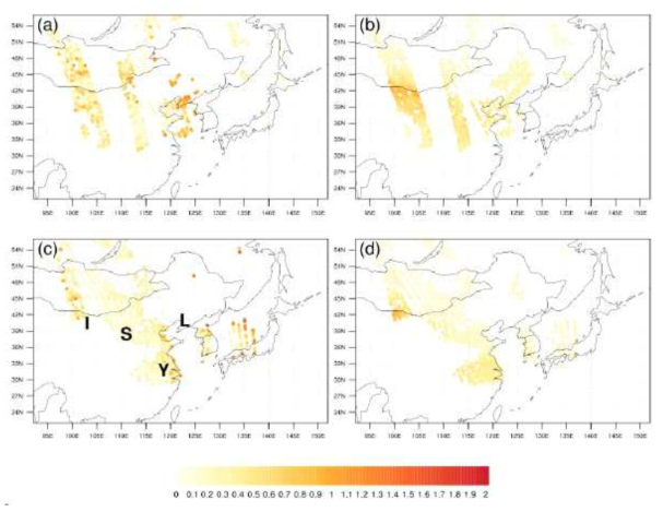 OMI AOD observations after quality control (a and c), and the corresponding ATM forecast fields projected onto the OMI observation space (i.e., h(x); b and d), valid on 0600 UTC 12 May 2011 (a and b) and 0600 UTC 13 May 2011 (c and d). Bold letters in (c) indicate geographical places that are mentioned frequently. From (21)