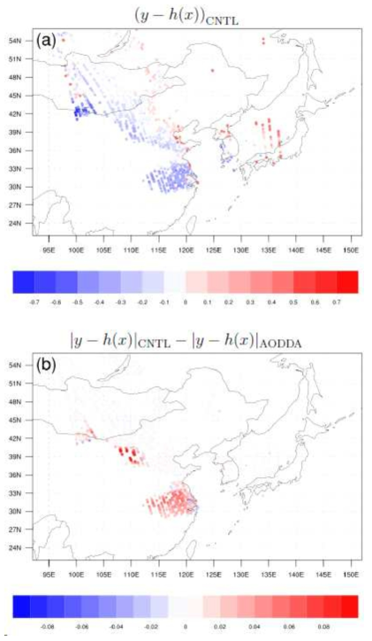 The AOD innovations in the OMI observation space valid at 0600 UTC on 13 May 2011: (a) (y-h(x))ATM and (b) ly-h(x)lATM-ly-h(x)ATM+AOD Here y is OMI AOD observations and h(x) is the forecast interpolated to the OMI observation space. From (21)