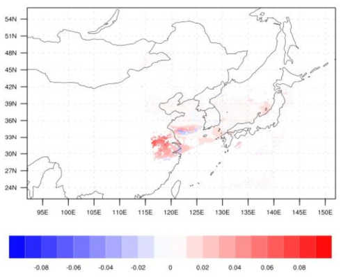 The AOD innovations in the GOCI observation space, lyGOCI-h(x)lATM-lyGOCI-h(x)lATM+AOD valid at 0600 UTC on 13 May 2011. Here y is GOCI AOD observations and h(x) is the forecast interpolated to the GOCI observation space. From (21)