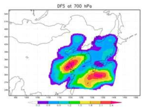 DFS in response to GEMS radiance assimilation (dimensionless units). Positive values mark areas with strongest positive impact of GEMS radiances on the analysis