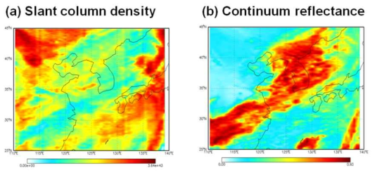 Results of GEMS prototype algorithm applied to OMI observations. (a) Slant column density and (b) continuum reflectance