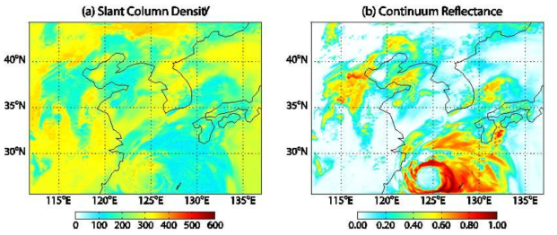 (a) The slant column density and (b) continuum reflectance calculated from synthetic radiance data