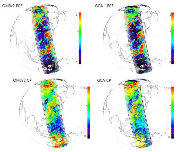 The OMI Level2 cloud product (left) and GEMS Cloud product (GCA, right) applied to Typhoon case; 16 September 2007 Typhoon Nari