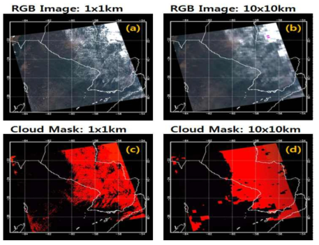 (a) A photo-like RGB image taken from MODIS at 1km spatial resolution (nadir). The scene contains varying surface condition including dark vegetation and barren surfaces. White color indicates the presence of clouds. (b) Same as (a) but for an image at 10km resolution (nadir). (c) Cloud mask for the scene shown in (a). Red indicates location of cloudy pixels. (d) Same as (c) but for cloud mask was applied to 10km resolution data