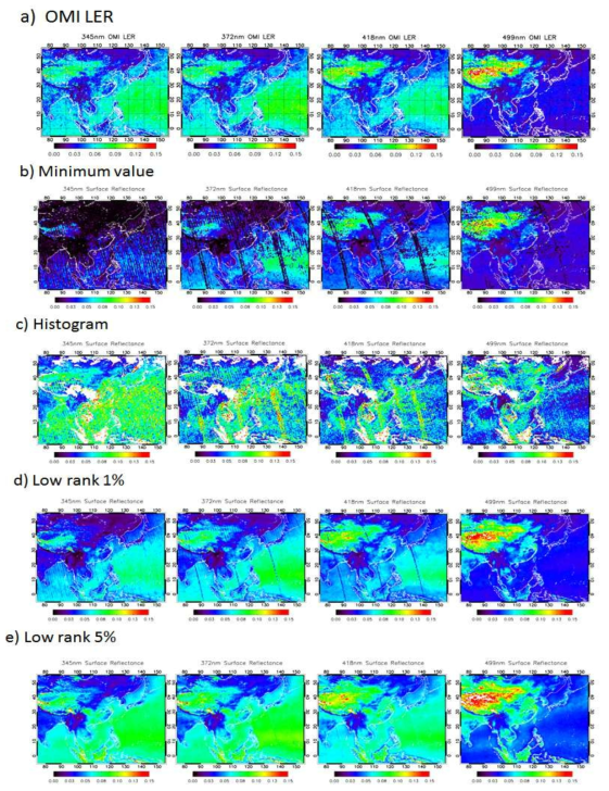 Comparison of (a) OMI LER product for four wavelengths (345.4, 372.8, 418.2, and 499.3 nm) with the four different retrieval methods for LER of (b) minimum value, (c) histogram value, (d) low rank 1 % mean, and (e) low rank 5 % mean