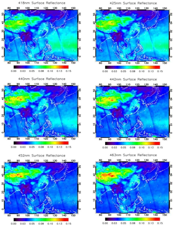 Same as Fig. 3.2.29 except for the wavelengths of 418, 425, 440, 442, 452 and 463 nm