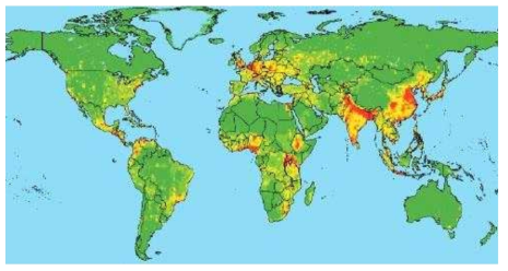 야생동물 유래 신종 감염병 핫스팟. 야생동물에서 유래하는 신종 감염병의 발생 가능성이 높은 위험지역의 세계적 분포도를 보인다. 붉은색=고위험지역>노란색=위험지역>녹색=저위험지역의 순으로 위험성이 높다. 인도, 중국, 동남아시아는 높은 인구밀도와 야생동물과의 빈번한 접촉으로 인해 넓은 ‘고위험지역 핫스팟’ 이 분포하고 있으며, 중국 인근의 한반도와 일본열도도 위험지역으로 분류된다(Jones et al, 2008 Nature 451: 990-994. Fig. 3a에서 인용)